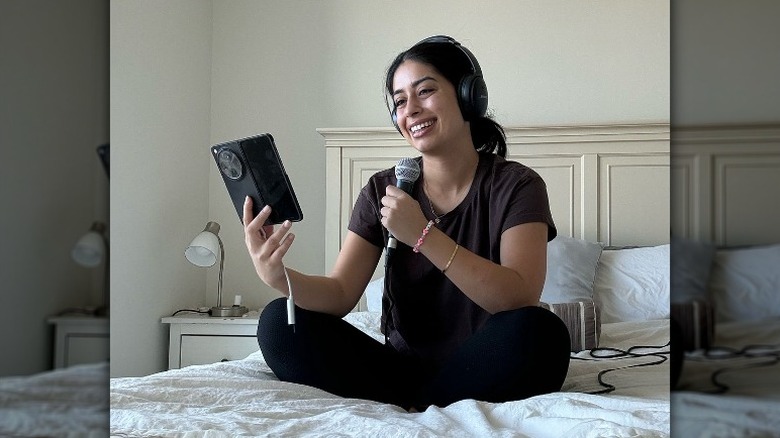 Simran Kaur podcasting from home