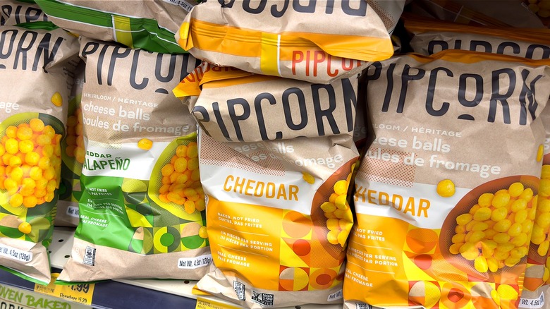 Pipcorn bags on grocery store shelf