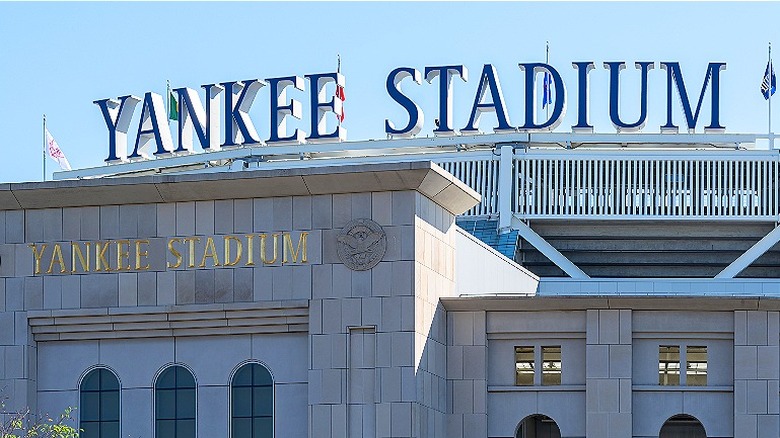 Yankee Stadium sign, blue sky