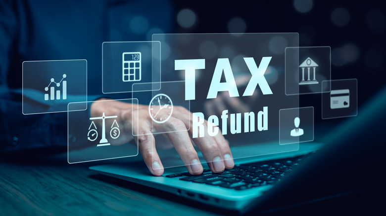 Tax refund graphics overlaying man on laptop