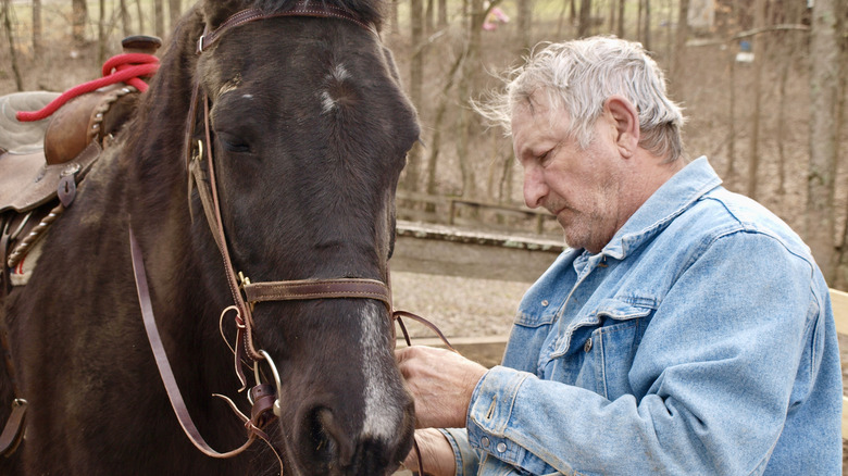 An senior male placing a bridle on a horse