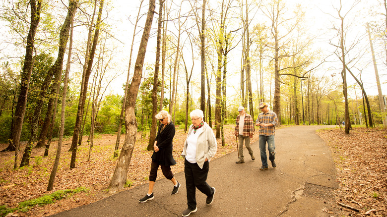 Retirees walking through woods