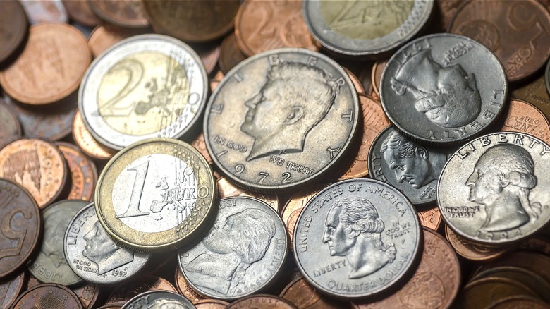 A pile of various coins