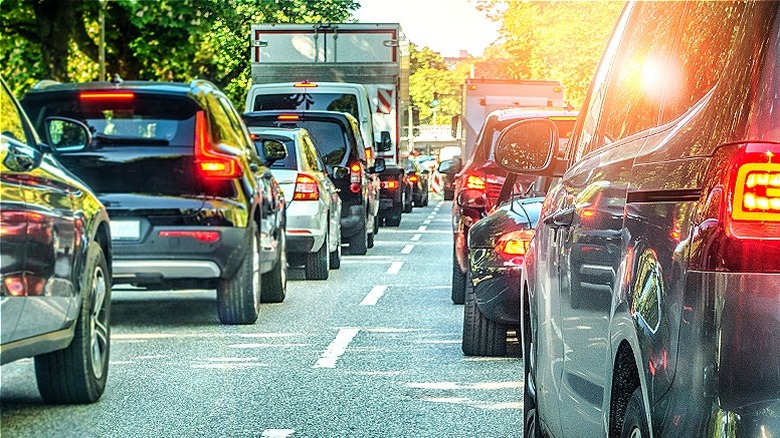 View from behind of cars in a traffic jam