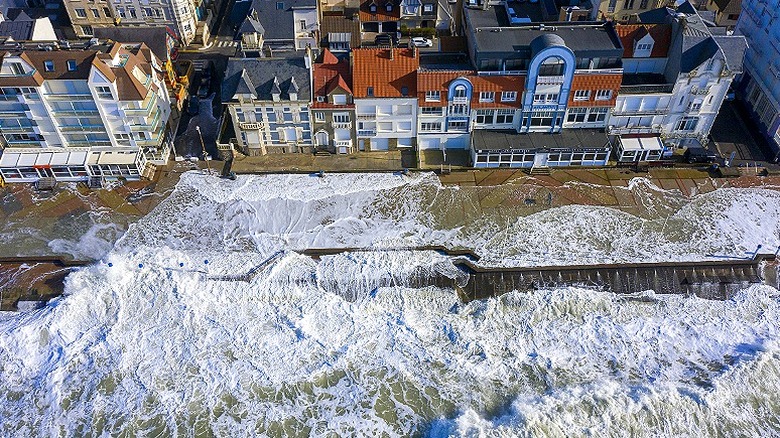 Aerial view of oceanfront property flooding