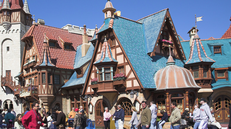 Disney World's Pinocchio Haus restaurant on a bright, blue day.