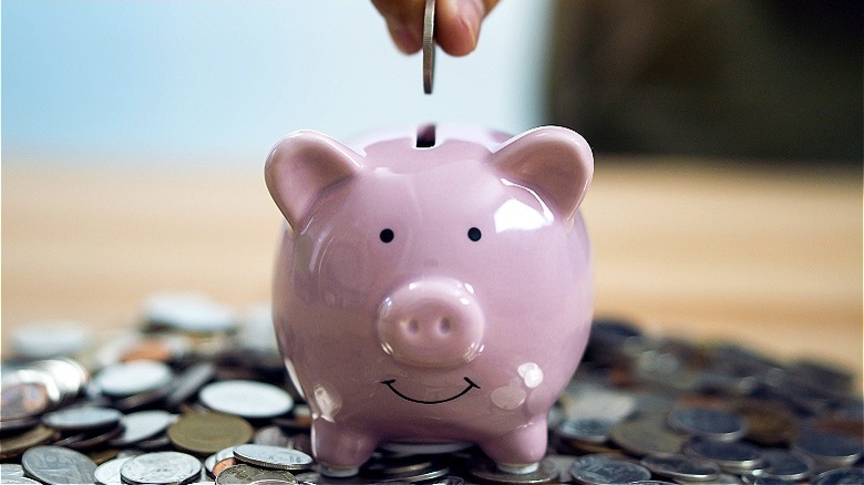 Coins going into a piggy bank