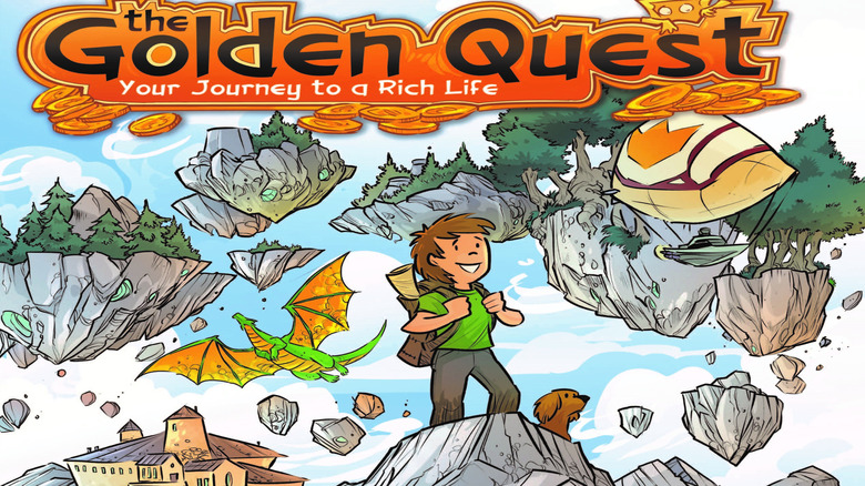 Cover for The Golden Quest: Your Journey to a Rich Life graphic novel by David Delisle, featuring a young boy on an adventure through dragon-infested mountains.