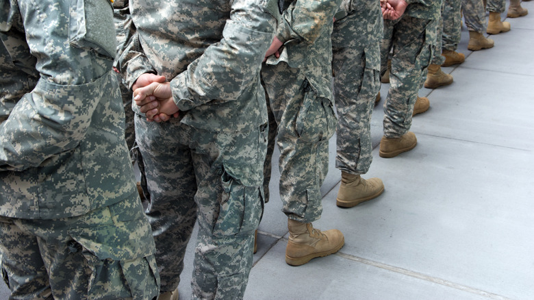 Uniformed military members standing at parade rest in a line.