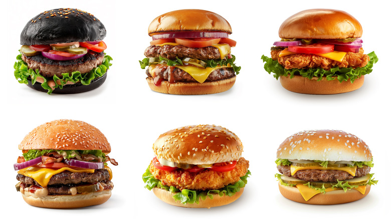 A variety of six big burgers against a white background.