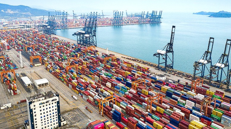 Aerial view of a shipping container port