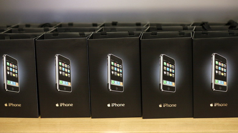 Promotional bags containing the first-generation Apple iPhone