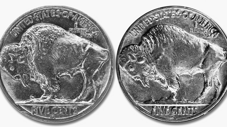 Side by side of the 1937-D Buffalo nickel with four legs and three legs.