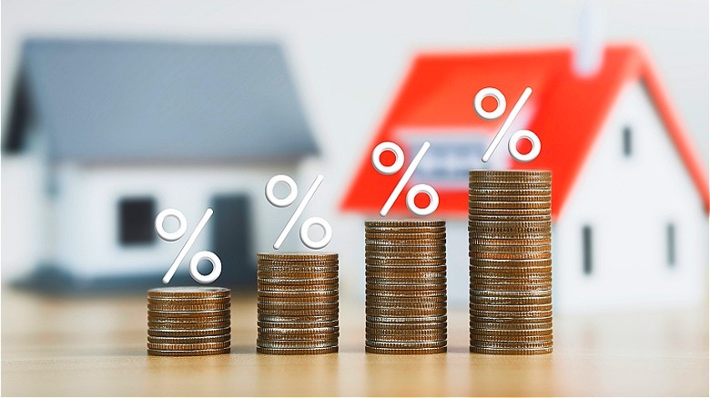 Percentages, coins and homes background