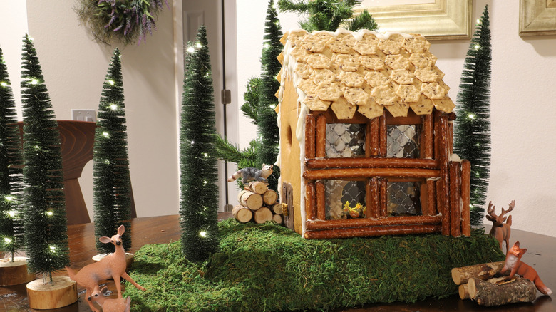 A charming pretzel rod cabin with cracker roof stands on an evergreen tablescape, surrounded by forest animal figurines.