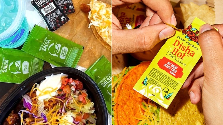 A split image with a Taco Bell meal featuring three green packets of Avocado Verde Salsa on the left, and a pair of hands opening a yellow packet of Disha Hot sauce on the right