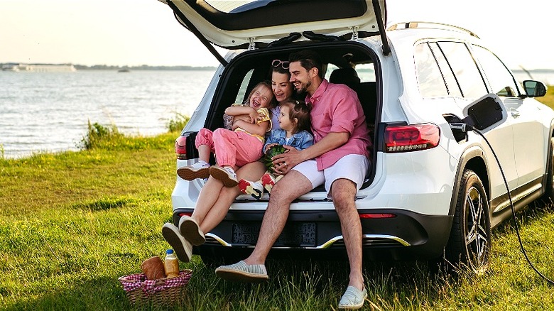 Family picnics in car