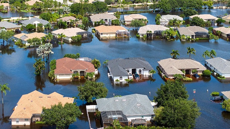 Aerial view of flooded neighborhood