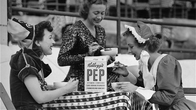 Ice skaters eating PEP cereal