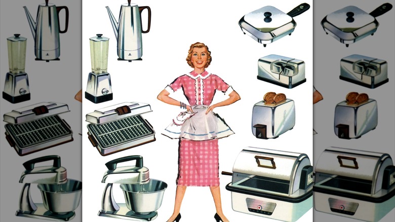 A 1959 illustration of a housewife surrounded by kitchen appliances.