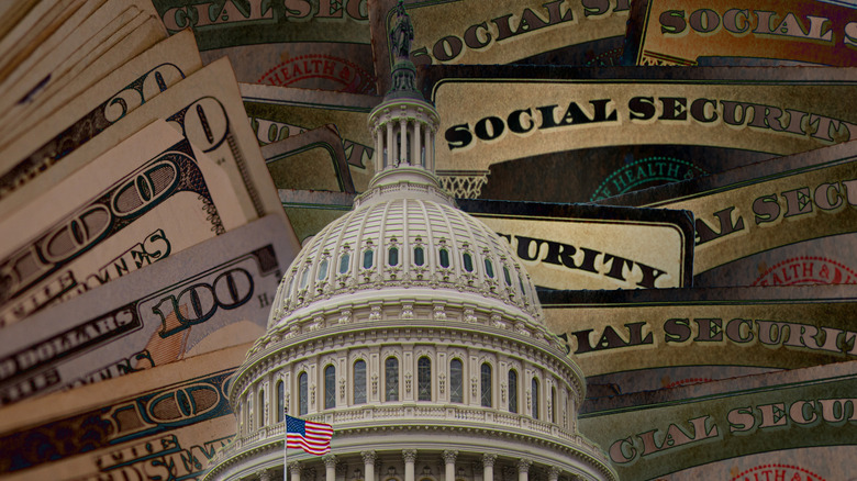 money and social security cards behind Capitol Building