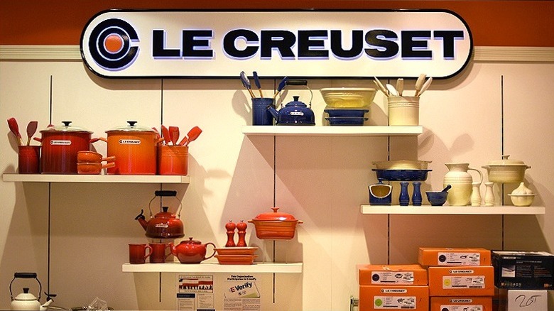 Le Creuset cookware is displayed