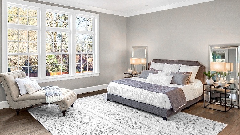 Gray and white master bedroom 