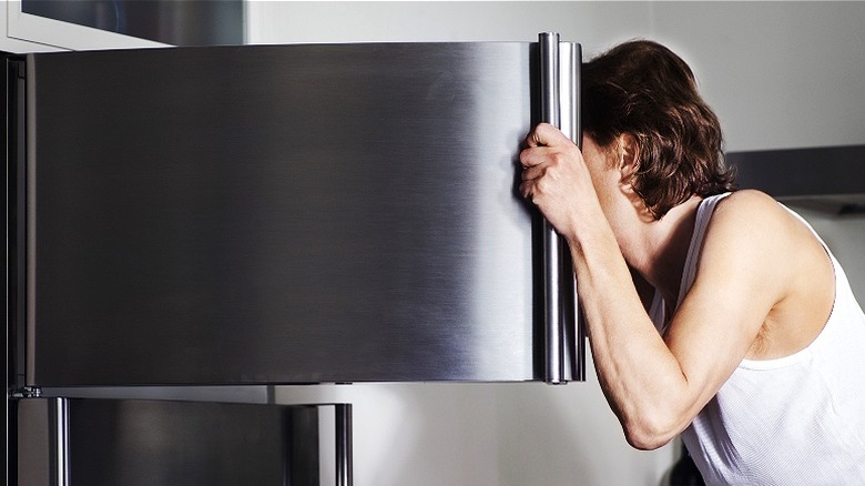 Person looking inside top freezer