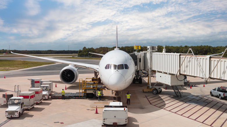 An airplane being loaded at an airport terminal