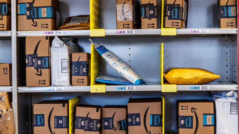 organized Amazon packages on shelves