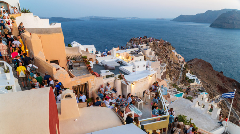 Large number of people at Oia in Santorini