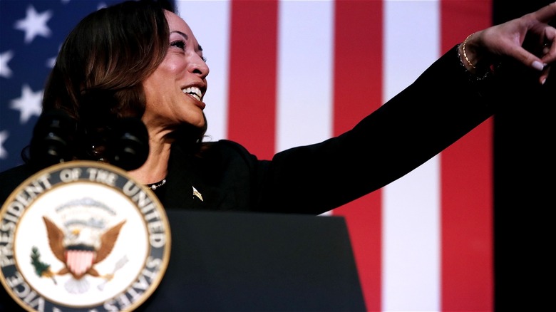 Kamala Harris speaking at podium