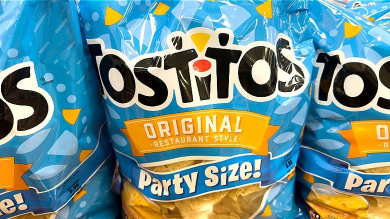 Close-up of party-size Tostitos original restaurant-style chips bags