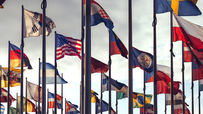 Flags representing numerous countries, each on its own flagpole, with the sky in the background