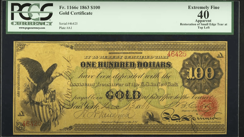 Front of the 1863 $100 Gold Certificate