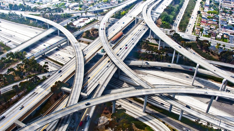 Aerial view of freeway interchange