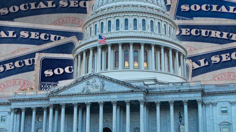 U.S. Capitol building overlaid with Social Security cards