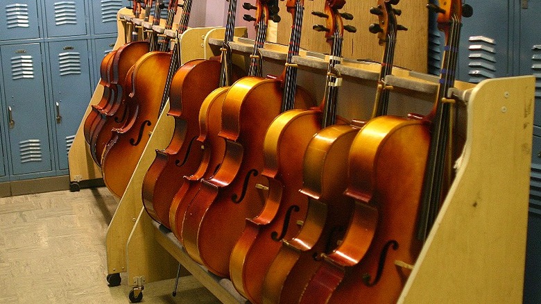 Rack of orchestra cellos stored in a locker room