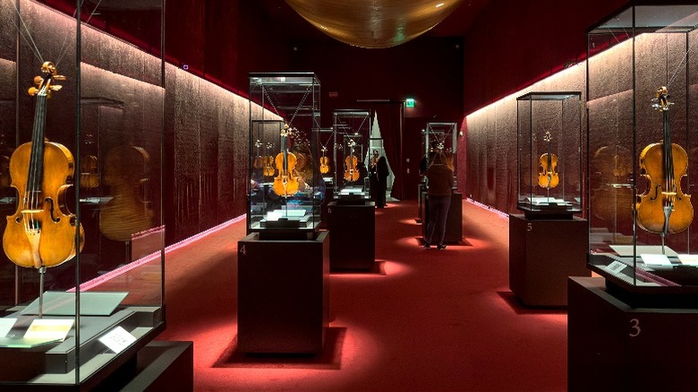 Stradivarius violins under glass at a museum