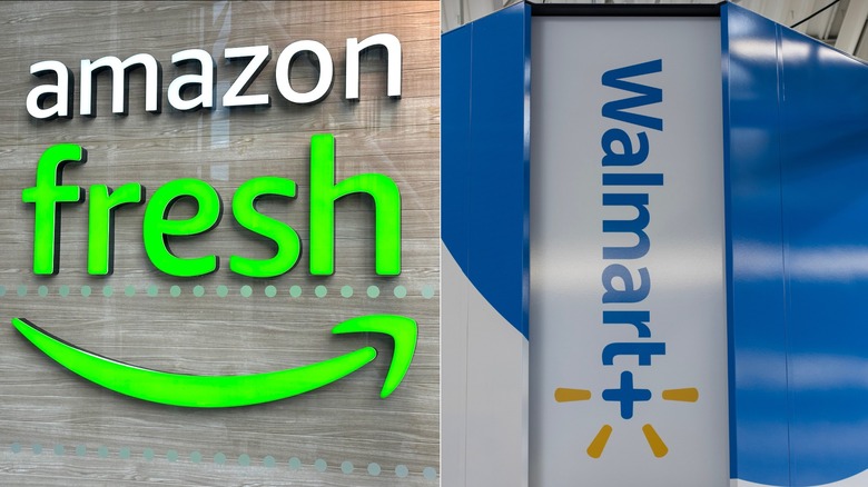 A side-by-side of the Amazon Fresh and Walmart+ logos, on store signage and under store lighting.