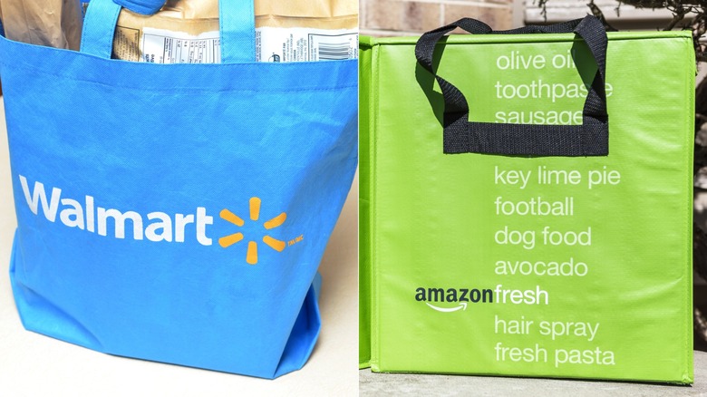 Side-by-side images of a blue Walmart shopping bag and a green Amazon Fresh shopping bag.