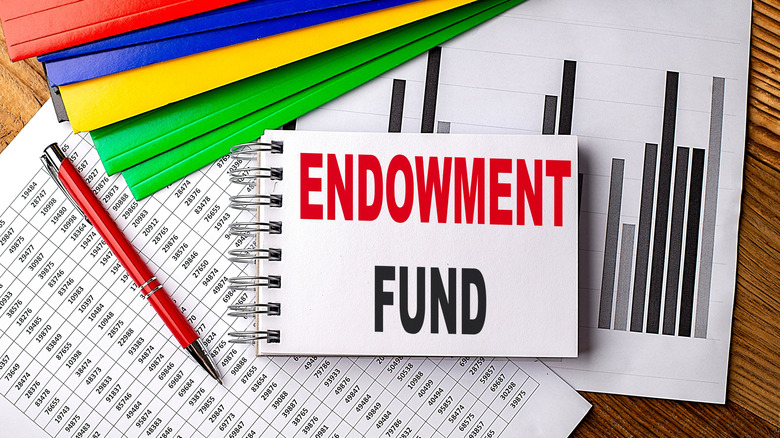 A notepad with the words 'Endowment Fund' printed on it surrounded by documents and folders.