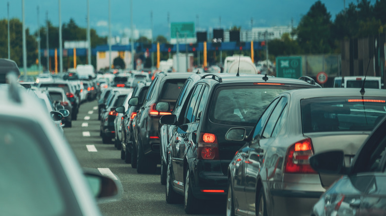 Cars waiting in line at toll booths