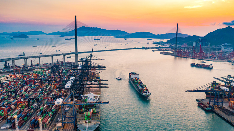 A Hong Kong shipping port at sunset.