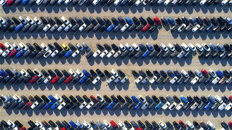 Aerial view of car dealership