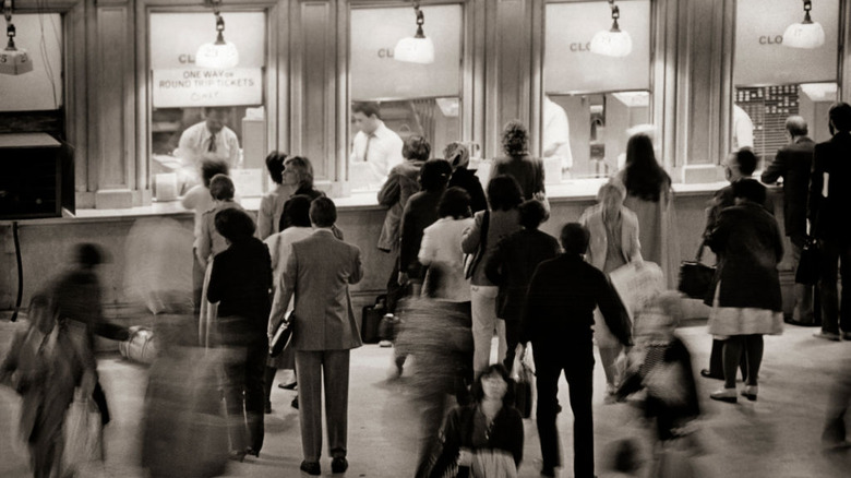 people coming and going in Grand Central Station, 1980s