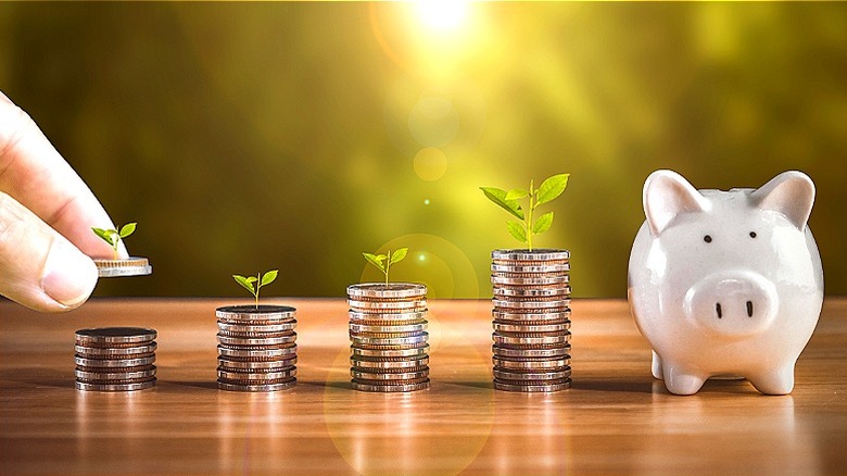 Hand adds coin to lowest of four ascending coin stacks, each with a plant growing, leading to a piggy bank