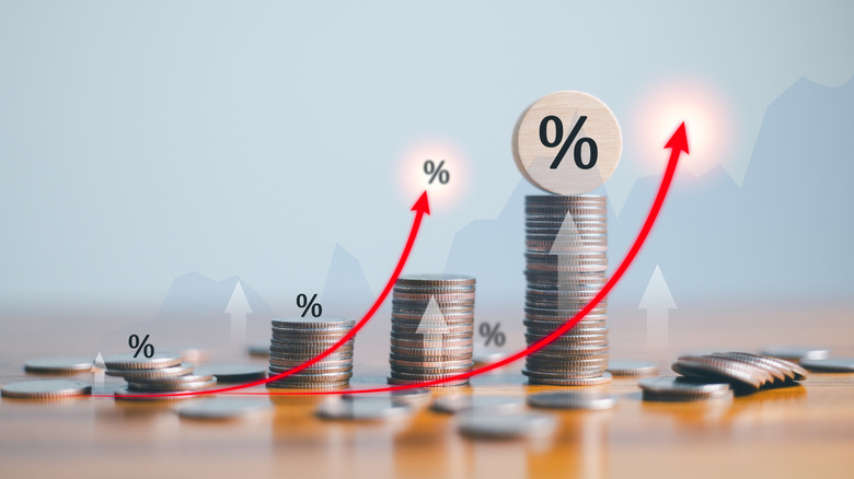 Rows of coins stacked in an increasing bar and line graph layout