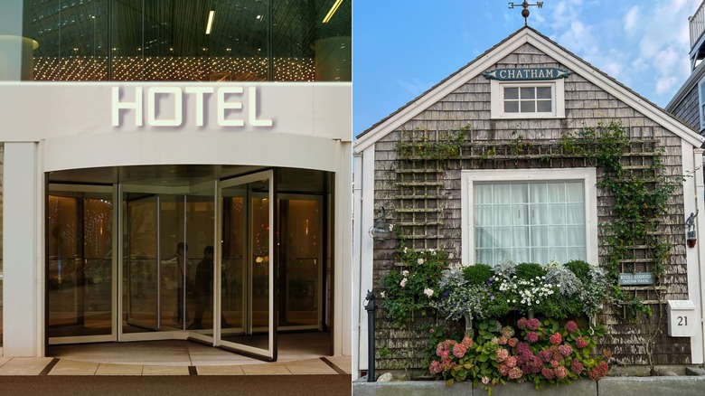 Side by side images of a large hotel's glass entryway and a small vacation home's front picture window.