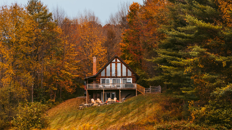 A beautiful cabin in the woods surrounded by fall foliage.